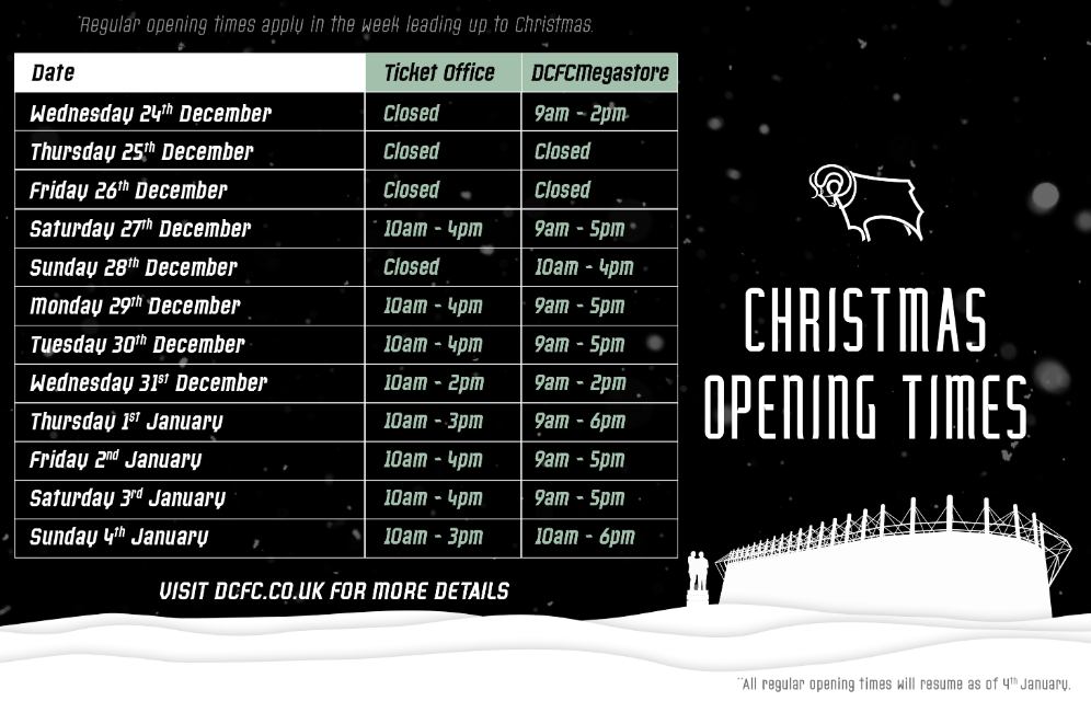 德比郡圣诞节和新年营业时间公布：售票处与大型商店安排，提前购票不误赛！